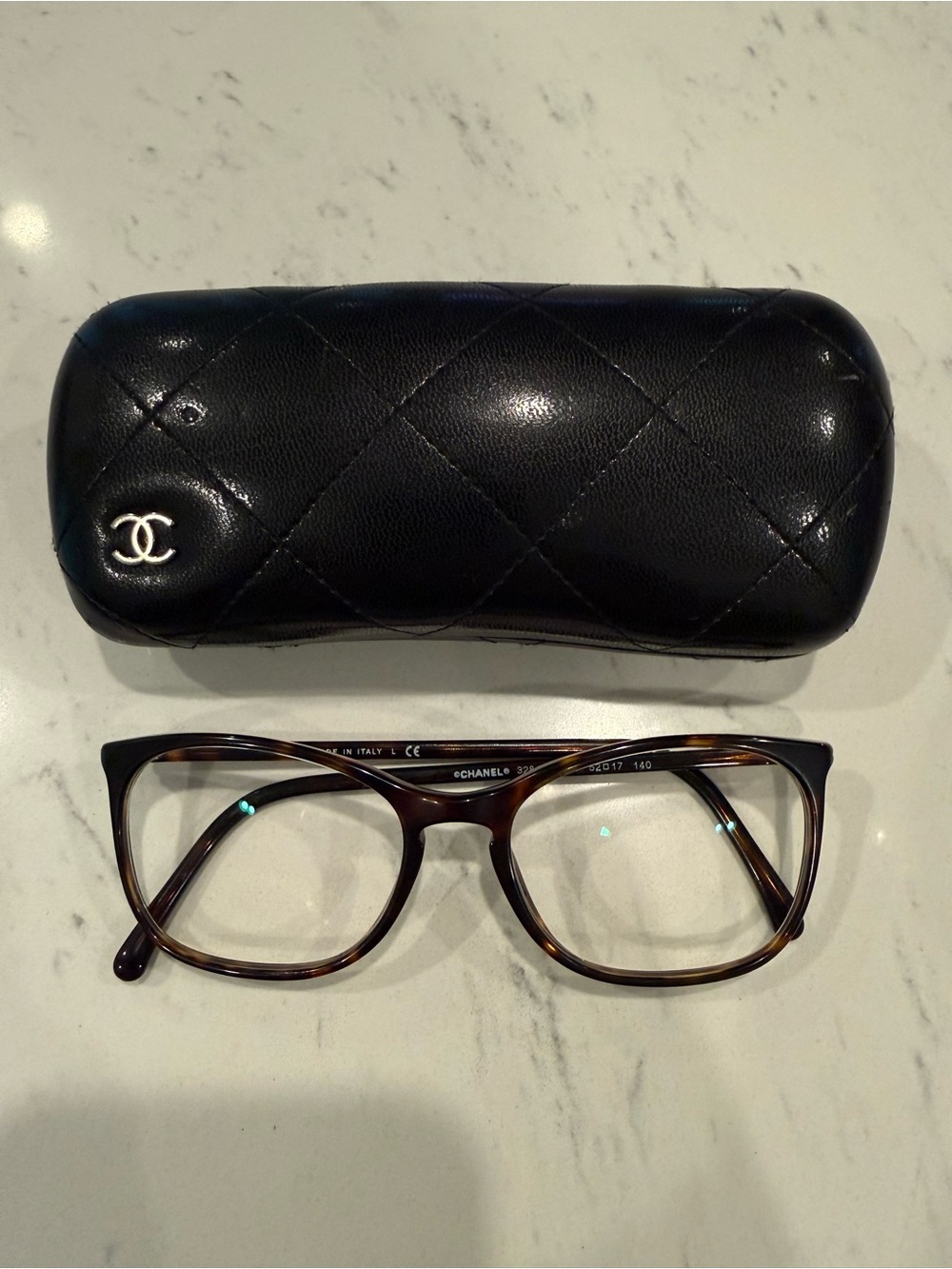CHANEL Tortoiseshell Eyeglass Frames with Black Quilted Leather Eyeglass Case
